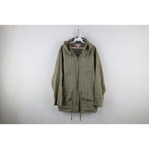 Streetwear Womens 2XL XXL Linen Full Zip Hooded Safari Bush Parka Jacket Green